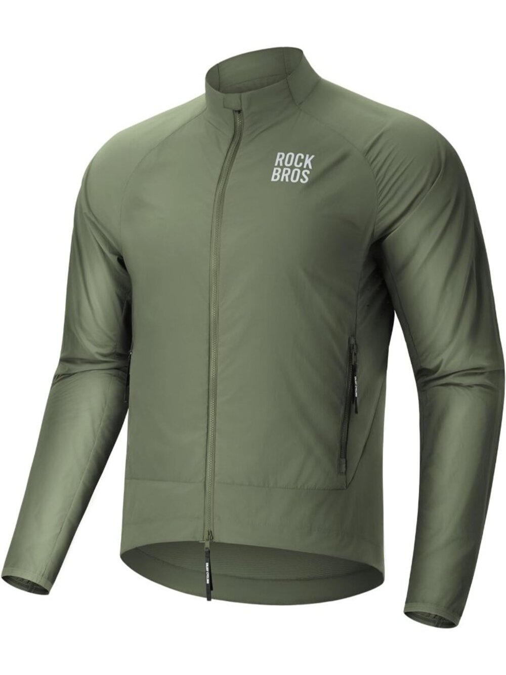 Men Green Windbreaker Band Collar Multiple Pockets Zip-up Long Sleeve Jacket